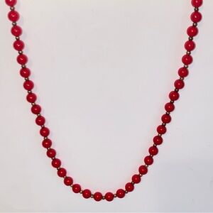 Vintage Red Beaded 25" Necklace Red Acrylic and Goldtone Metal Beads